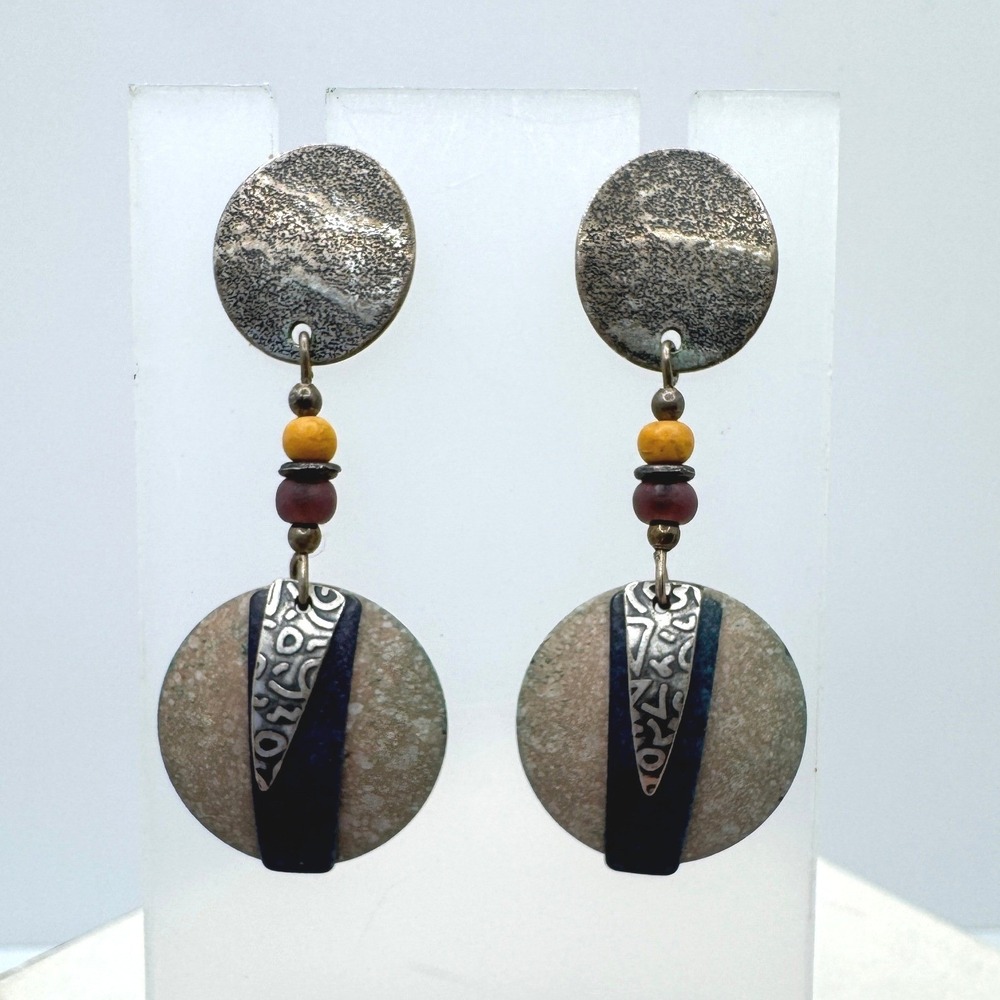Artisan Mixed Media Geometric Drop Earrings Silver Tone Navy Stone Dangle Metal